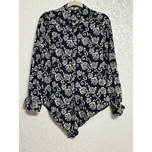 Kut from the Kloth Button Up Roll Tab Sleeve Black & White Floral Tie Waist Sz M